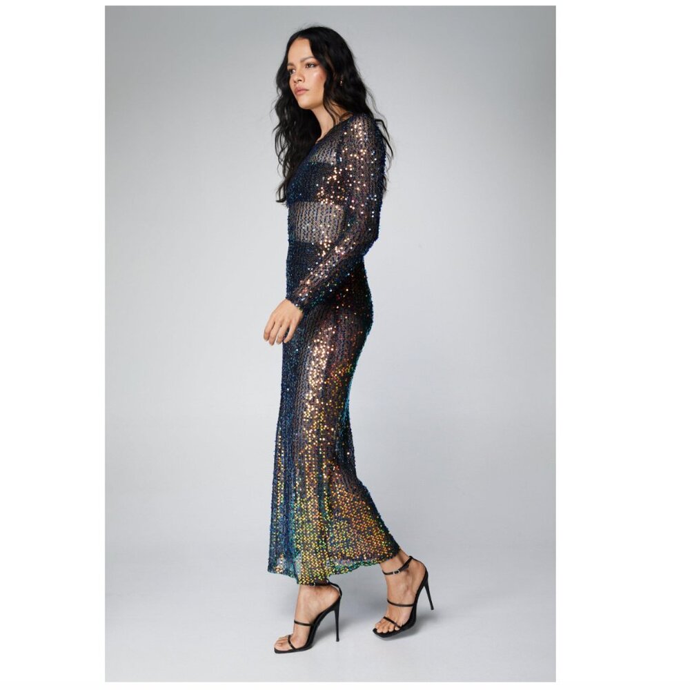 NWT! Nasty Gal Sequin Sheer Long Sleeve Maxi Dress - Picture 3 of 4